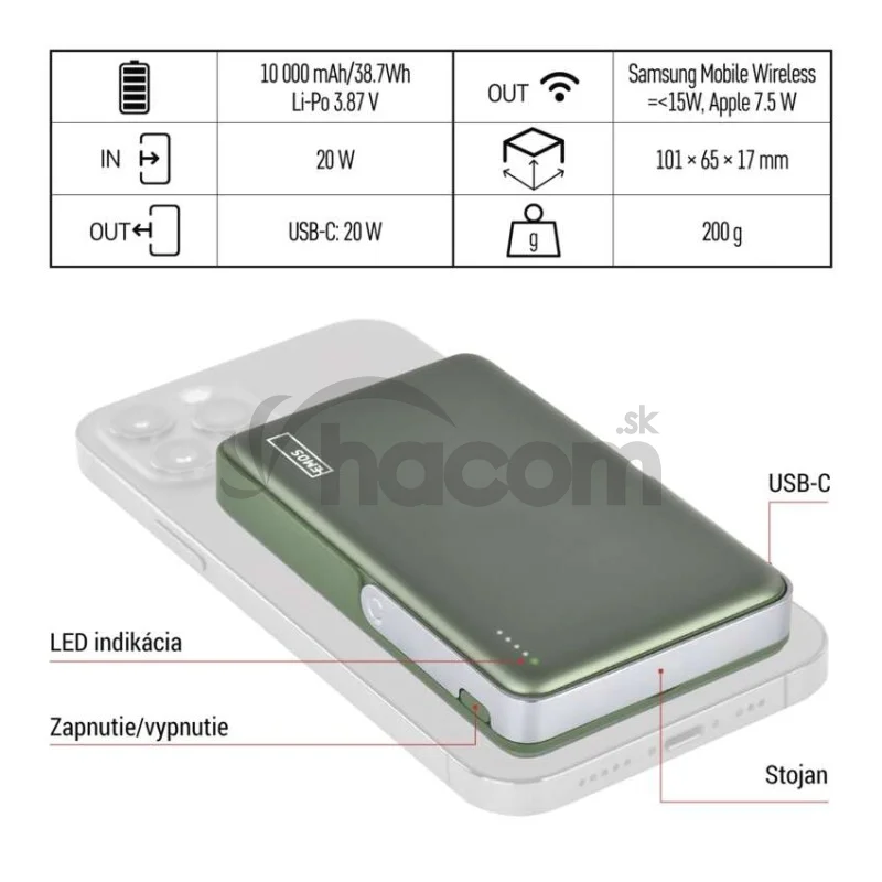 Power bank EMOS WI 1031, 10 000 mAh, 20 W+Wireless, army-green