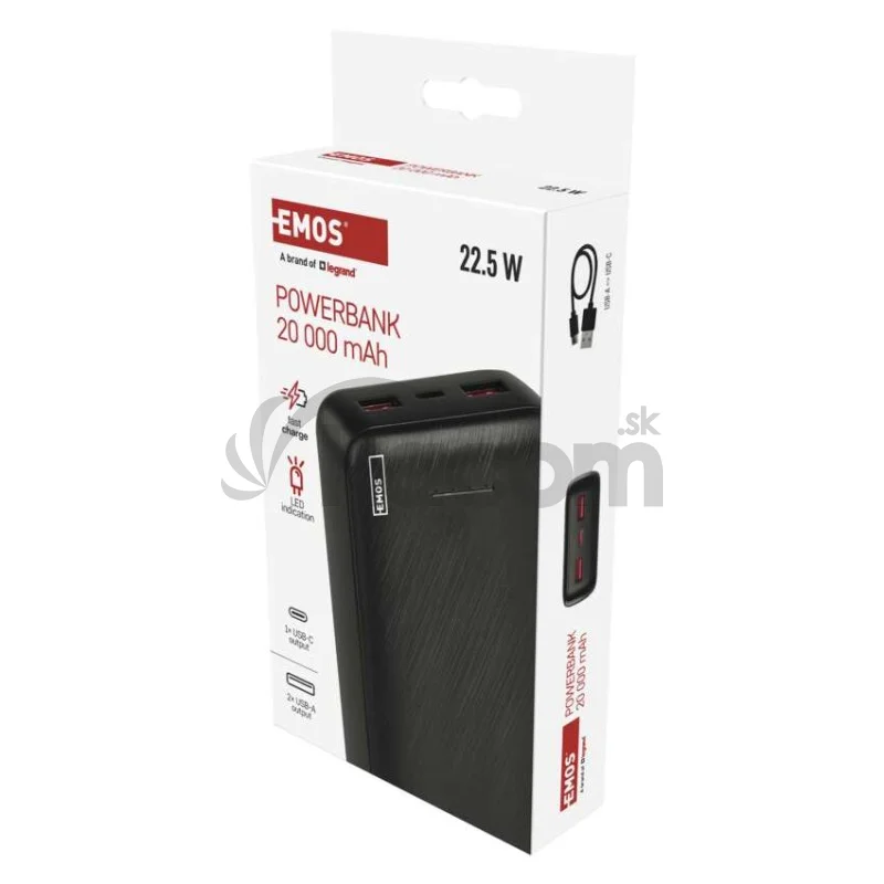 Power bank EMOS AlphaQ3, 20 000 mAh, 22,5 W, čierny