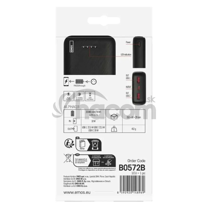 Power bank EMOS AlphaQ3, 20 000 mAh, 22,5 W, čierny