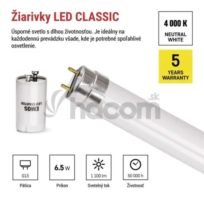 LED trubica T8 6,5 W 60 cm neutrálna biela 10 ks