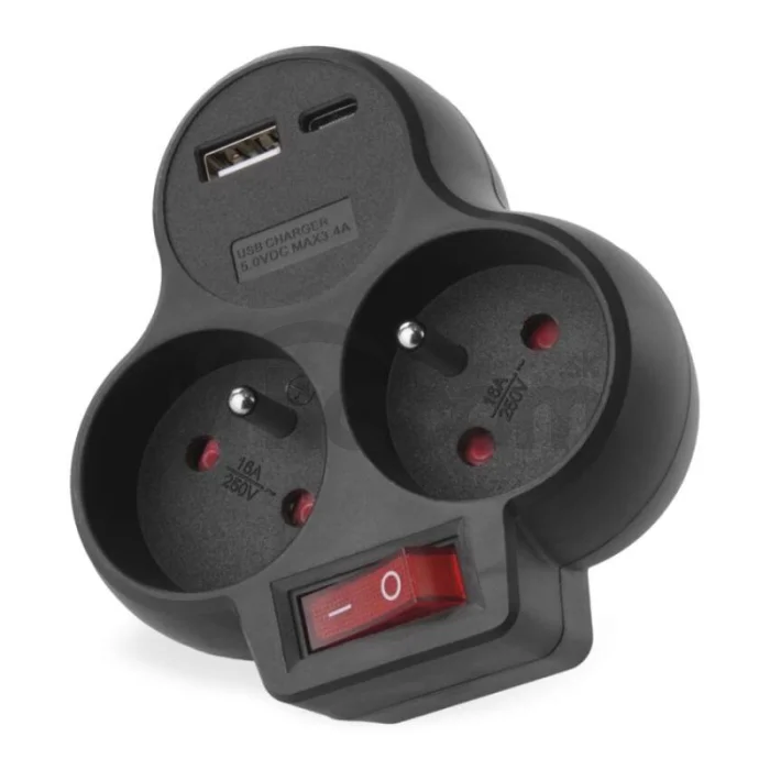 Rozbočovacia zásuvka 2×, vyp., 1×USB-A+1×USB-C, čierna