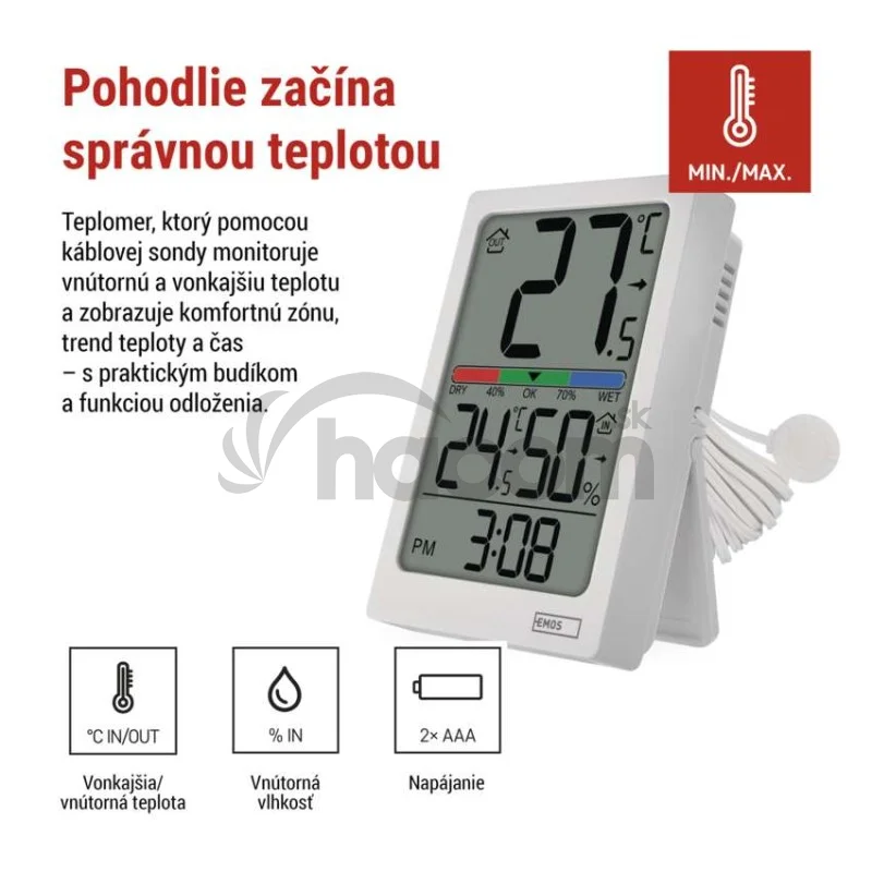 Digitálny teplomer s vlhkomerom, drôtový snímač, budík E0558P