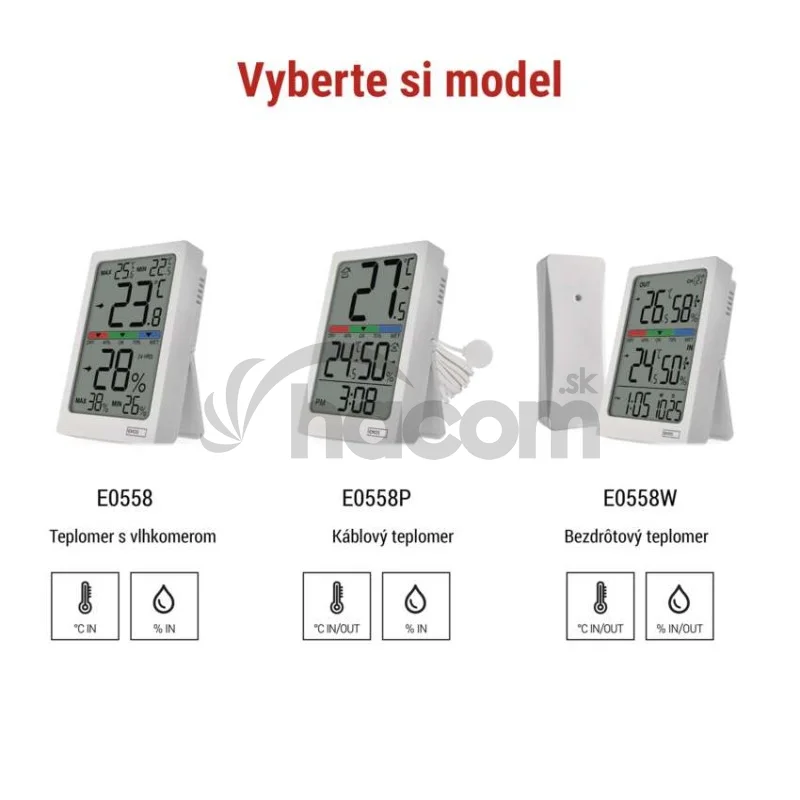 Digitálny teplomer s vlhkomerom, drôtový snímač, budík E0558P
