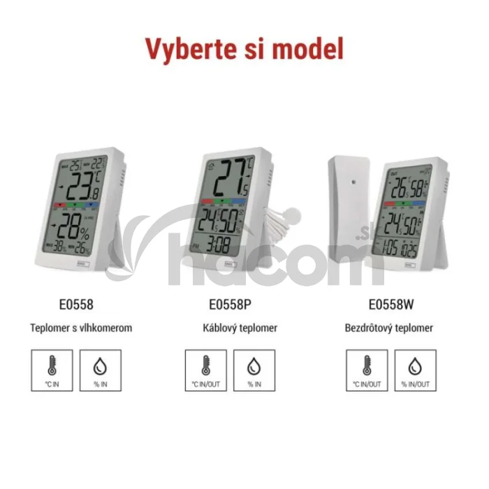 Digitálny teplomer s vlhkomerom, drôtový snímač, budík E0558P