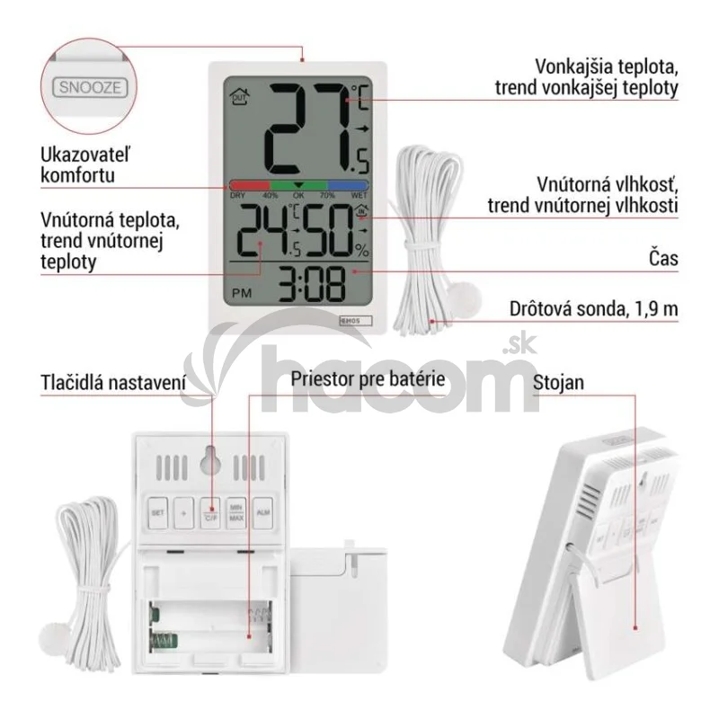 Digitálny teplomer s vlhkomerom, drôtový snímač, budík E0558P