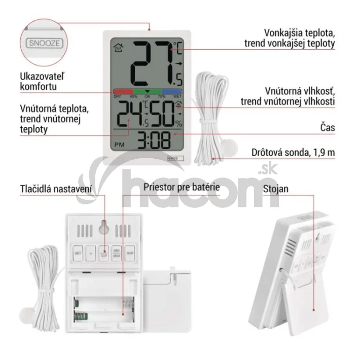 Digitálny teplomer s vlhkomerom, drôtový snímač, budík E0558P