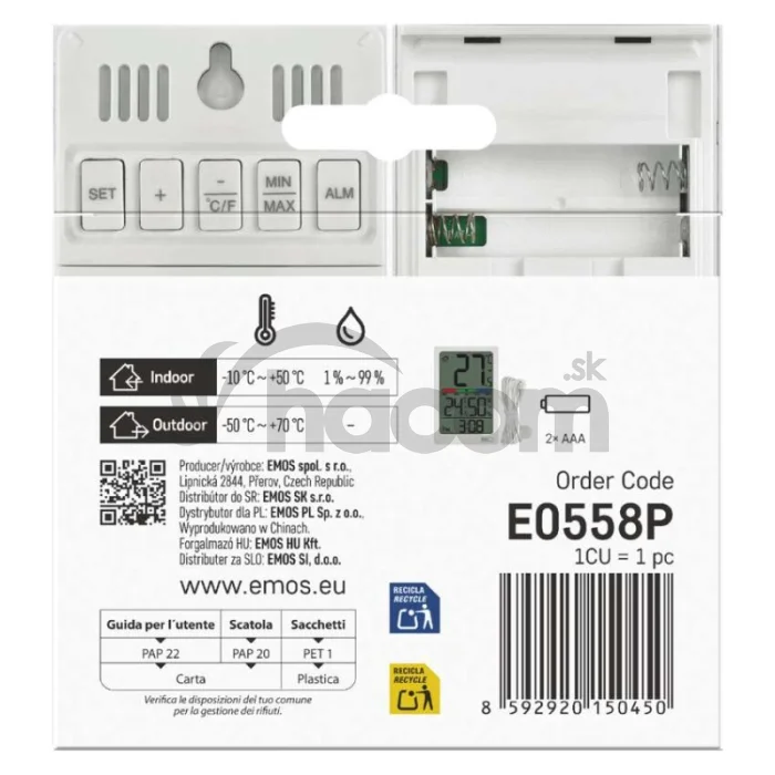 Digitálny teplomer s vlhkomerom, drôtový snímač, budík E0558P