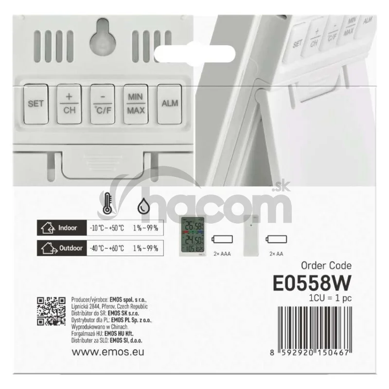 Digitálny teplomer s vlhkomerom, bezdrôtový snímač, budík, dátum E0558W
