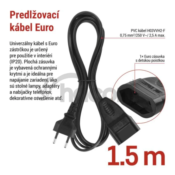 Dvojžilový pohyblivý prívod 1,5 m / 1 zásuvka / čierny / PVC / 0,75 mm2