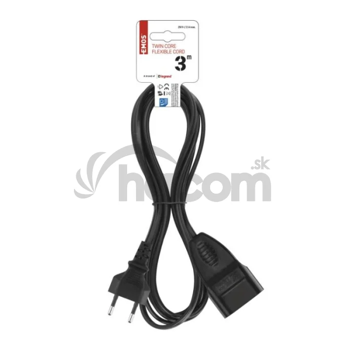 Dvojžilový pohyblivý prívod 3 m / 1 zásuvka / čierny / PVC / 0,75 mm2