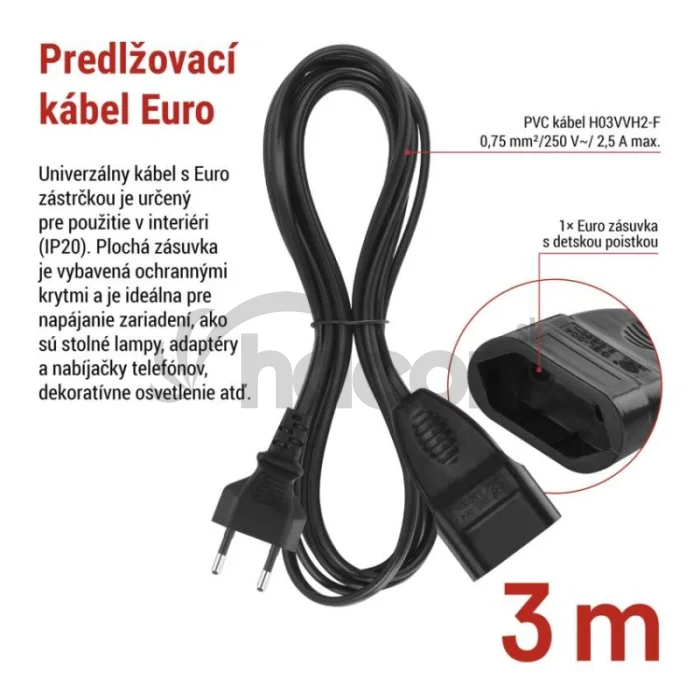 Dvojžilový pohyblivý prívod 3 m / 1 zásuvka / čierny / PVC / 0,75 mm2