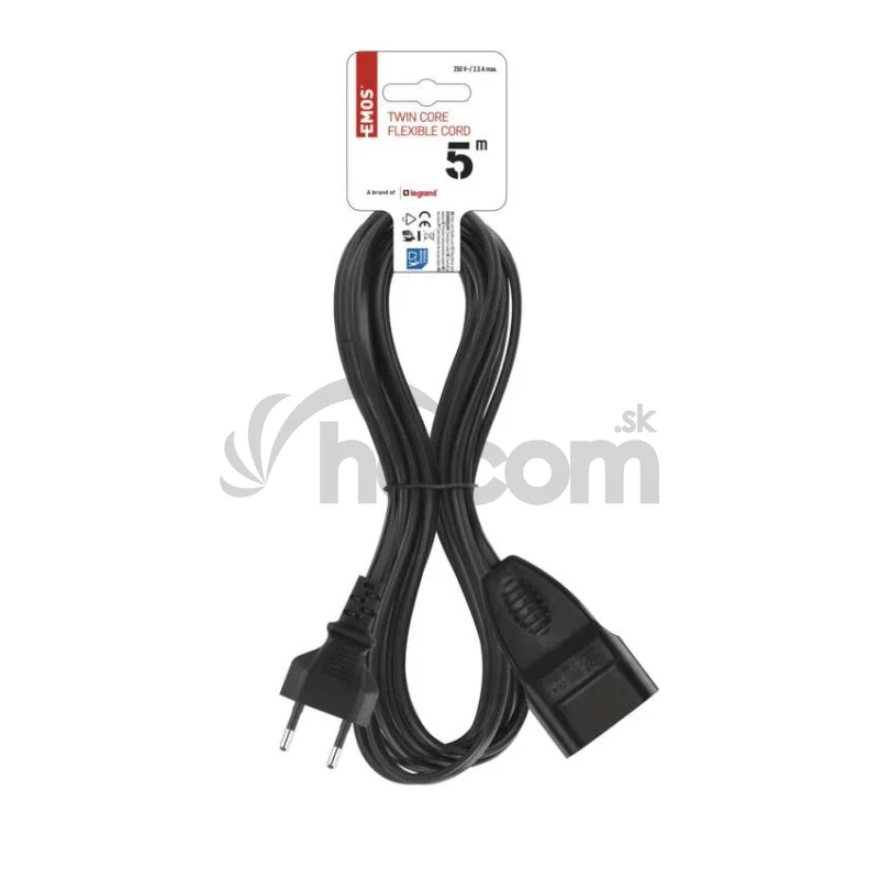Dvojžilový pohyblivý prívod 5 m / 1 zásuvka / čierny / PVC / 0,75 mm2