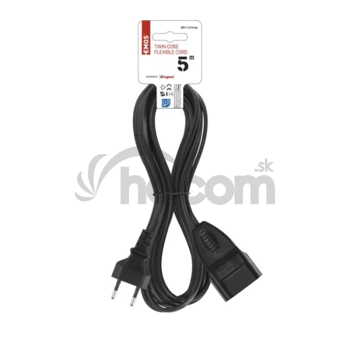 Dvojžilový pohyblivý prívod 5 m / 1 zásuvka / čierny / PVC / 0,75 mm2