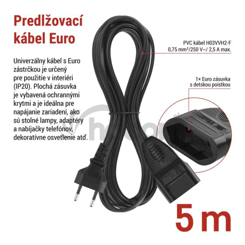Dvojžilový pohyblivý prívod 5 m / 1 zásuvka / čierny / PVC / 0,75 mm2