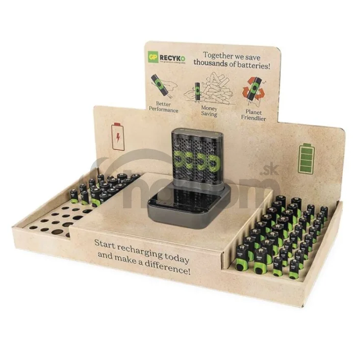 Stojan GP ReCyko Standard / 1×nabíjačka GP + dok / 16×AA + 16×AAA / 1×USB-A adaptér