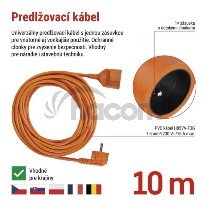 Predlžovací kábel 10 m / 1 zásuvka / oranžový / PVC / 250 V / 1,5 mm2