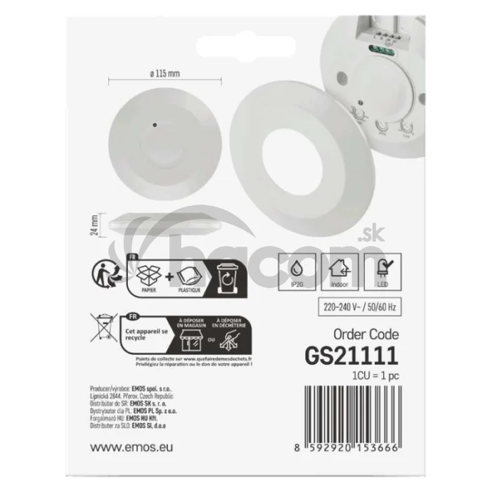 Mikrovlnný senzor (pohybové čidlo) IP20 2000W, biely