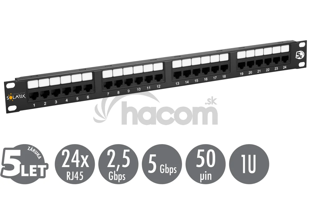19" patch panel Solarix 24 x RJ45 CAT5E UTP 150 MHz čierny 1U SX24-5E-UTP-BK