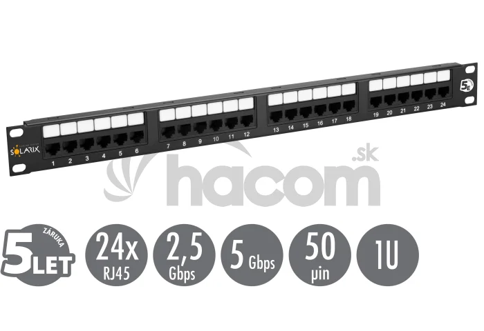 19" patch panel Solarix 24 x RJ45 CAT5E UTP 150 MHz čierny 1U SX24-5E-UTP-BK
