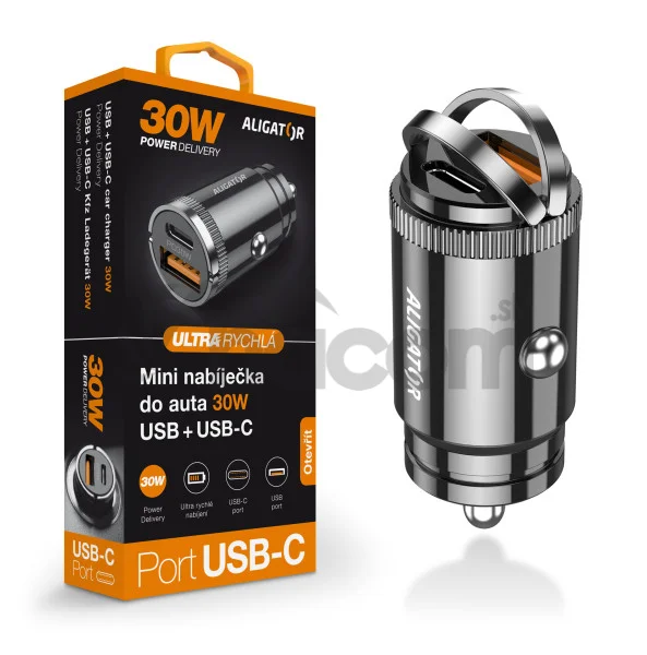 Aligator mini nabíjačka do auta Power Delivery 30W, USB-C + USB-A