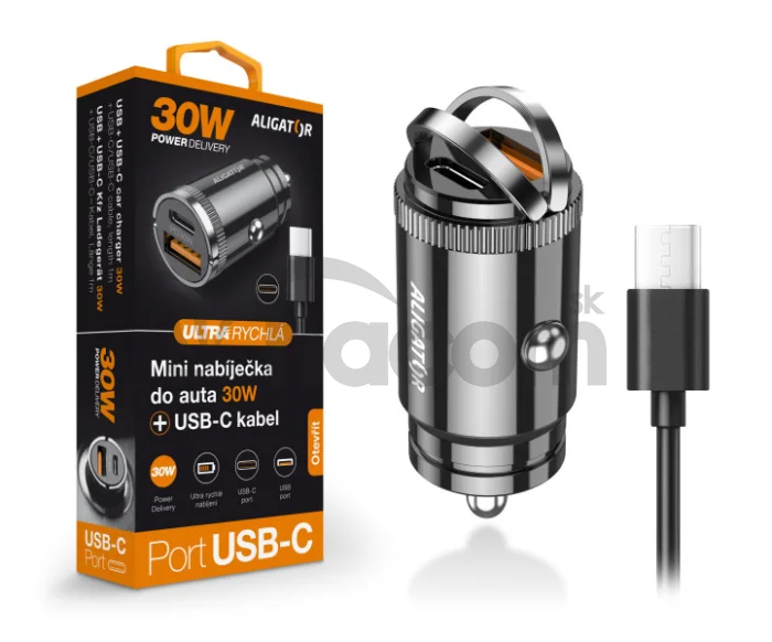 Aligator mini nabíjačka do auta Power Delivery 30W, USB-C + USB-A, USB-C/USB-C kábel