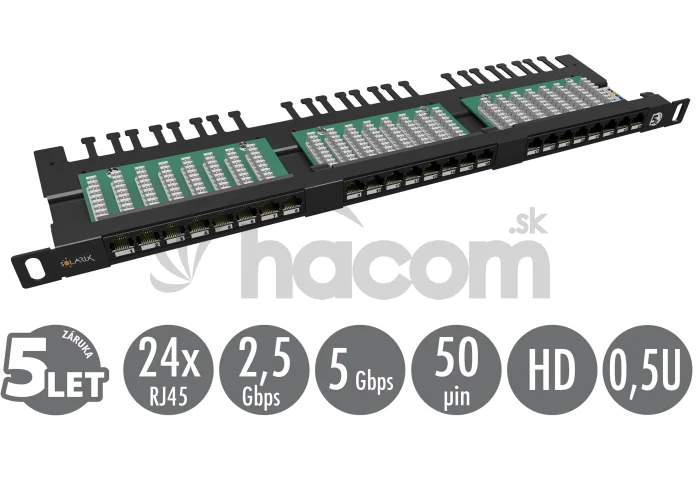 19" patch panel Solarix 24xRJ45 CAT5E UTP s vyväzovacou lištou čierny 0,5U SX24HD-5E-UTP-BK