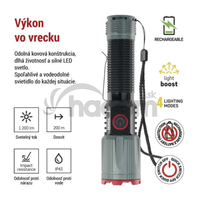 LED nabíjacie kovové svietidlo 1200 lm, 2200 mAh
