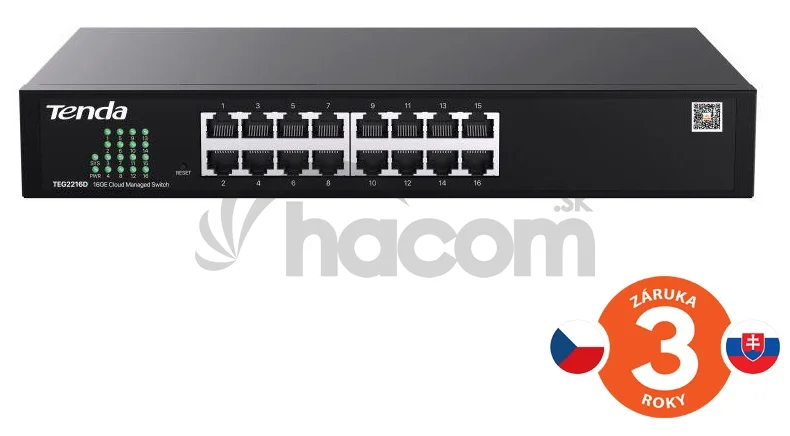 Tenda TEG2216D Websmart L2 cloud managed switch, 16x 10/100/1000 Mbps, Kov, Fanless-bez ventilátorov