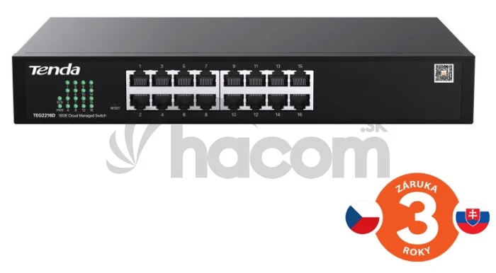 Tenda TEG2216D Websmart L2 cloud managed switch, 16x 10/100/1000 Mbps, Kov, Fanless-bez ventilátorov