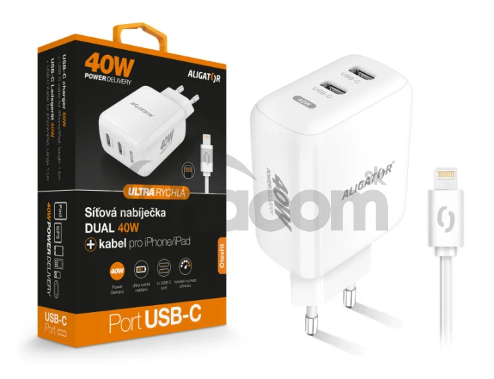 Múdra sieťová nabíjačka ALIGATOR Power Delivery 40W, 2xUSB-C, USB-C kábel pre iPhone / iPad, biela