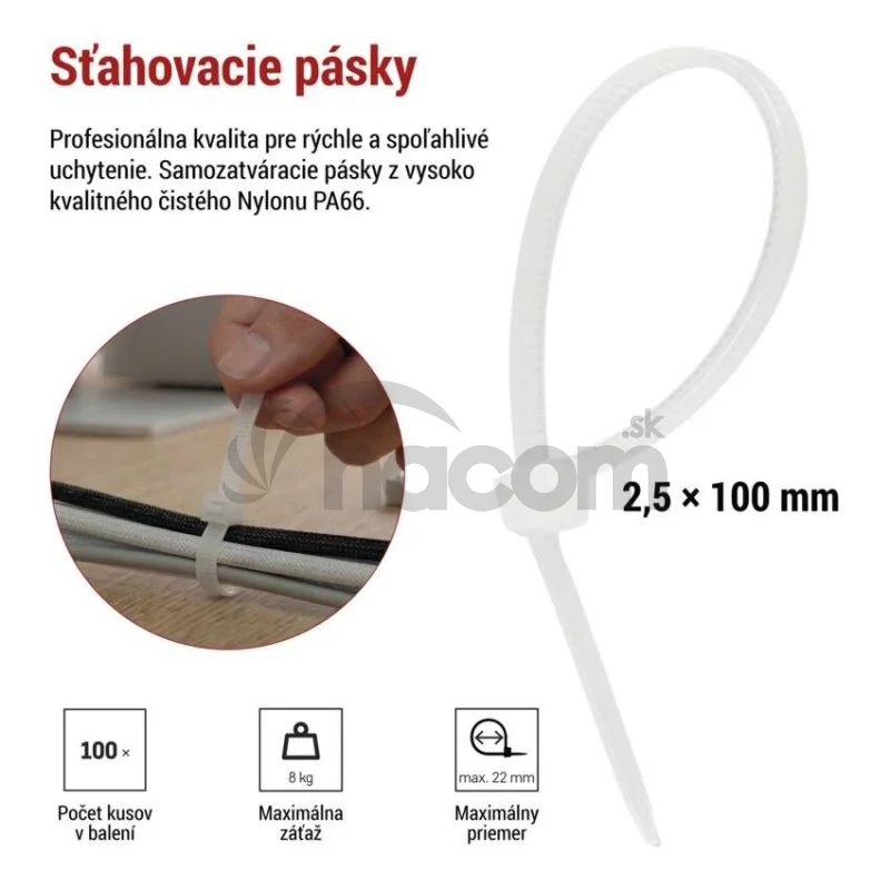 Sťahovacia páska 100×2,5, biela, 100 ks