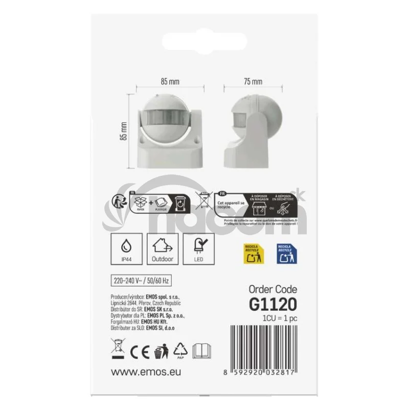 PIR senzor (pohybové čidlo) IP44 1200W, biely