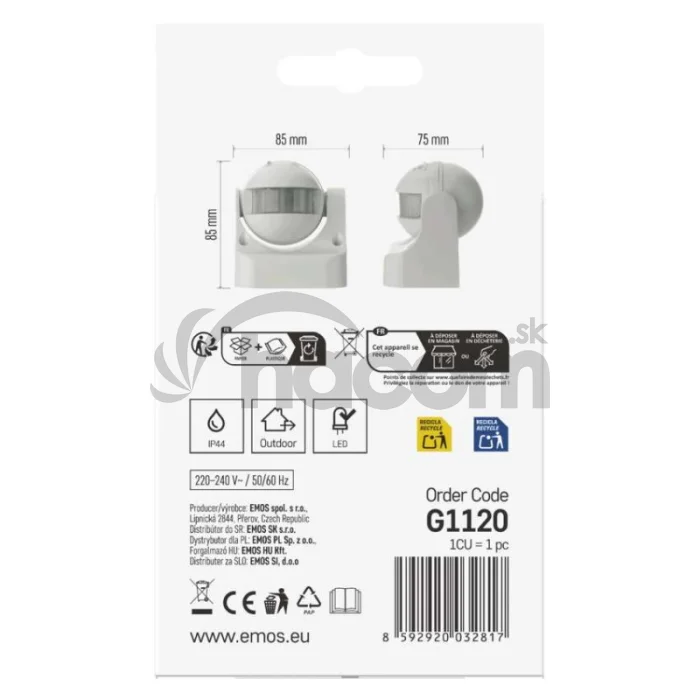 PIR senzor (pohybové čidlo) IP44 1200W, biely