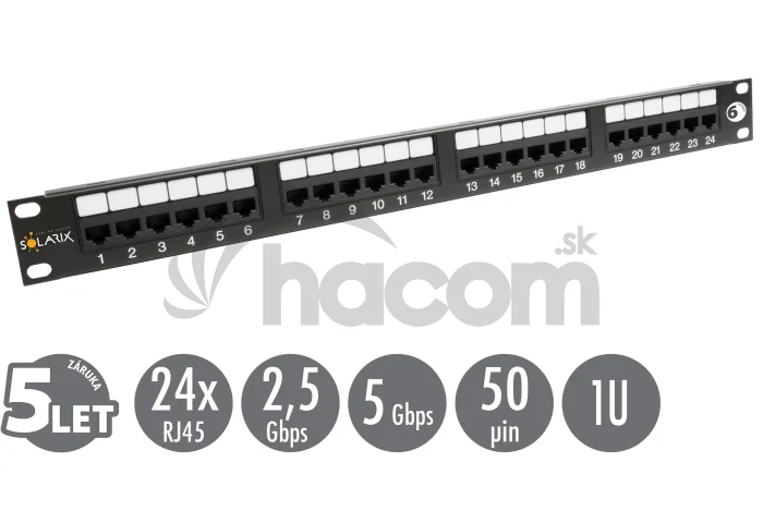 19" patch panel Solarix 24 x RJ45 CAT6 UTP 350 MHz čierny 1U SX24-6-UTP-BK