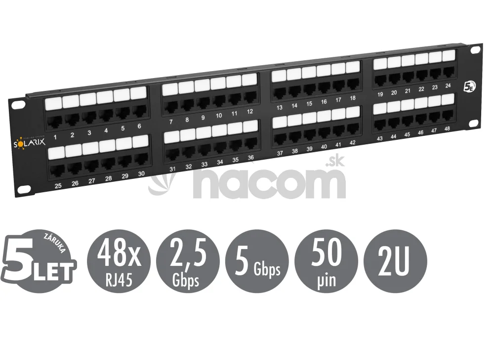 19" patch panel Solarix 48 x RJ45 CAT5E UTP 150 MHz čierny 2U SX48-5E-UTP-BK