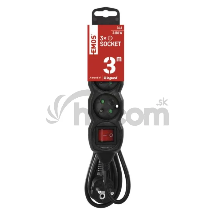 Predlžovací kábel 3 m / 3 zásuvky / s vypínačom / čierny / PVC / 1,5 mm2