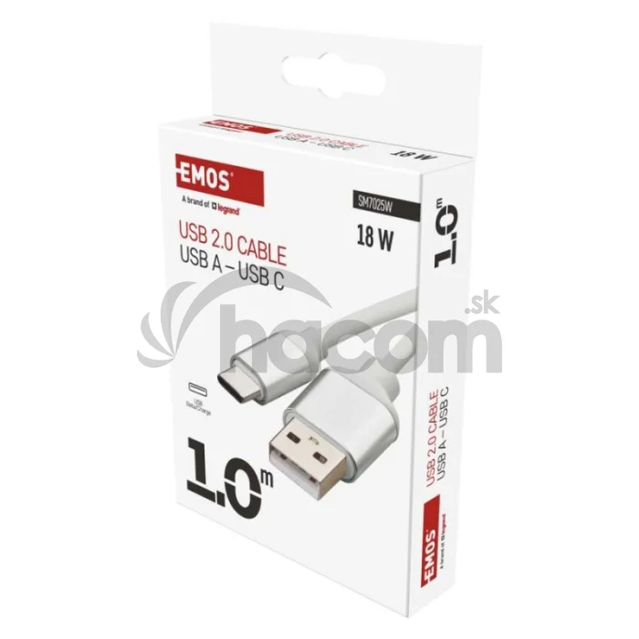 Nabíjací a dátový kábel USB-A 2.0 / USB-C 2.0, 1 m, biely
