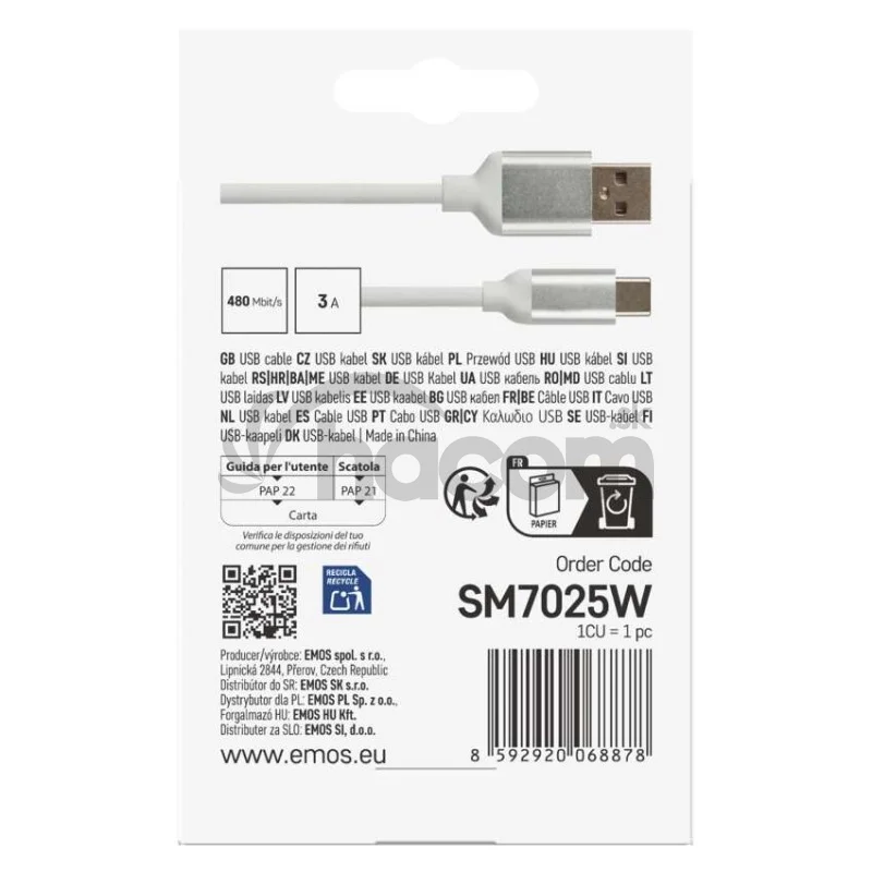Nabíjací a dátový kábel USB-A 2.0 / USB-C 2.0, 1 m, biely