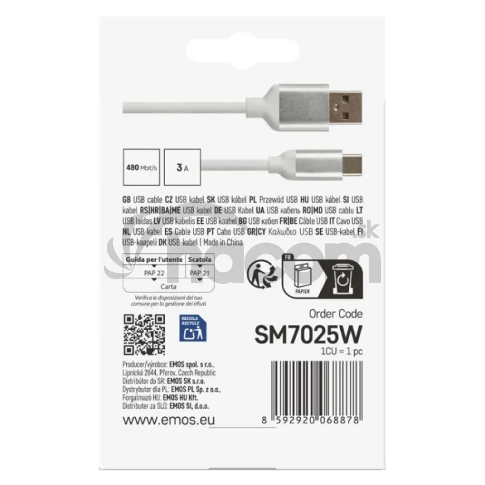 Nabíjací a dátový kábel USB-A 2.0 / USB-C 2.0, 1 m, biely