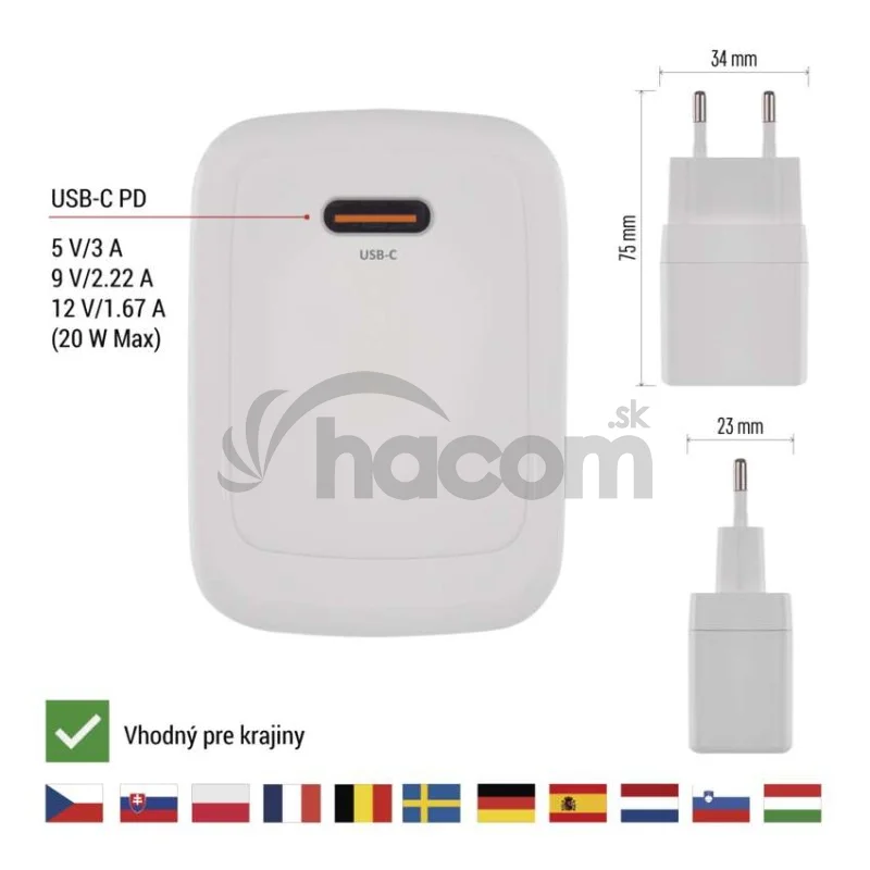 Univerzálny USB adaptér GaN do siete PD 20 W max.