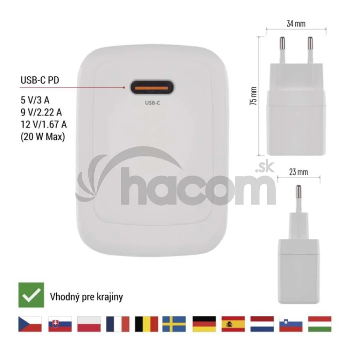 Univerzálny USB adaptér GaN do siete PD 20 W max.
