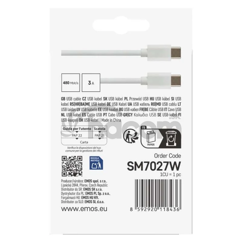 Nabíjací a dátový kábel USB-C 2.0 / USB-C 2.0, 1 m, biely