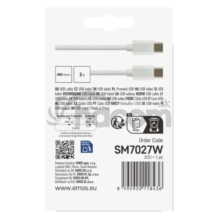 Nabíjací a dátový kábel USB-C 2.0 / USB-C 2.0, 1 m, biely