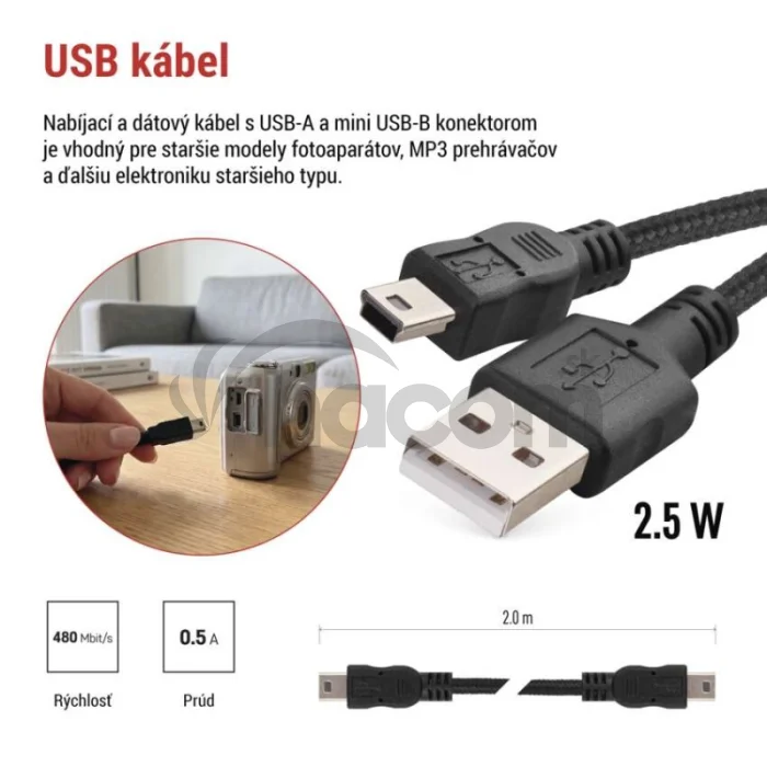 Nabíjací a dátový kábel USB-A 2.0 / mini USB-B 2.0, 2 m, čierny