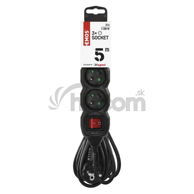 Predlžovací kábel 5 m / 3 zásuvky / s vypínačom / čierny / PVC / 1 mm2