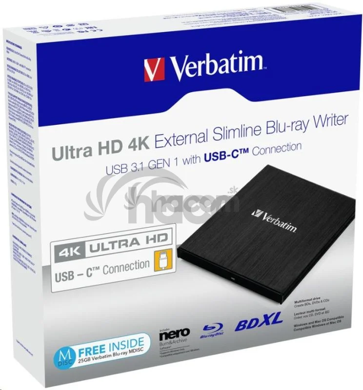 VERBATIM Ultra HD 4K Blu-ray externá slimline napaľovačka (USB 3.1, USB-C) + bezplatné 25GB médium
