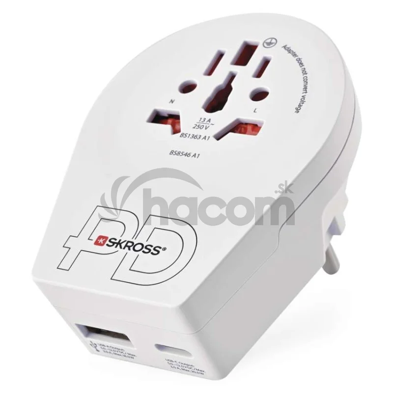 Cestovný univerzálny adaptér pre cudzincov do strednej Európy, 1×USB-C, 1×USB-A