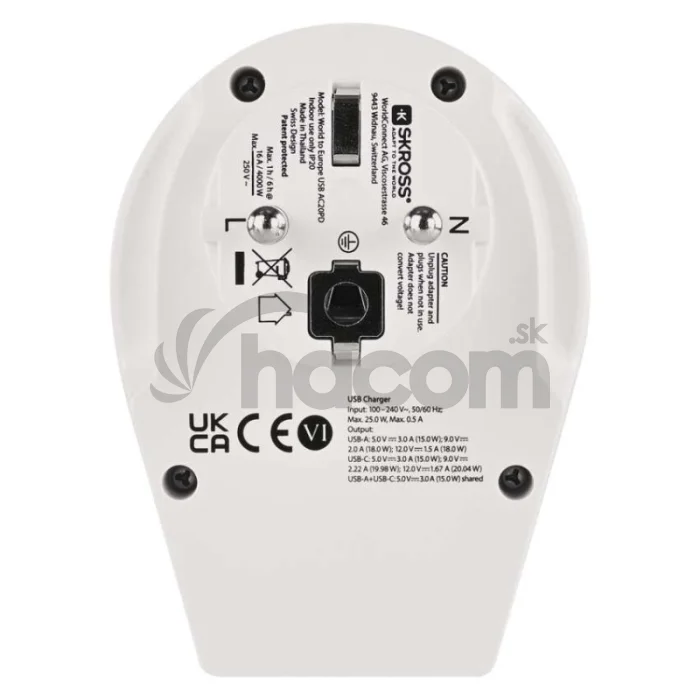 Cestovný univerzálny adaptér pre cudzincov do strednej Európy, 1×USB-C, 1×USB-A