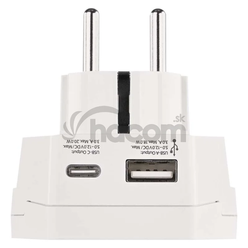 Cestovný univerzálny adaptér pre cudzincov do strednej Európy, 1×USB-C, 1×USB-A