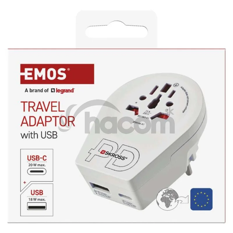 Cestovný univerzálny adaptér pre cudzincov do strednej Európy, 1×USB-C, 1×USB-A